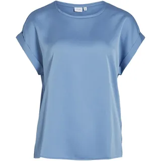 Vila Damen Satin Blusen T-Shirt Kurzarm Basic Rundhals Top Glänzend Tunika Blouse Oberteil VIELLETTE, Farben:Blau-4, Größe:36