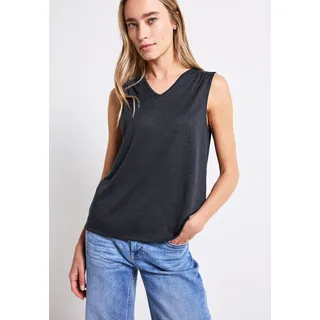 Shirttop STREET ONE, Damen, Gr. 40, blau (deepwater blau), Jersey, Obermaterial: 78% Polyester, 22% Viskose, unifarben, regular fit taillenbedeckt, V-Ausschnitt, Tops Shirttop, mit Spitze, Topseller