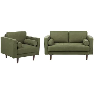 BELIANI Sofa Set 2-Teilig Dunkelgrün Stoffbezug 2-Sitzer & Sessel mit Holzbeinen Dekokissen Dicke Lose Sitz- & Rückenkissen Schmale Armlehnen Retro - Grün, Braun