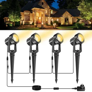 NATPOW Gartenbeleuchtung mit Strom, 4er Set, Warmweiß 3000K LED Gartenlampen für Draußen, 12V Gartenstrahler mit Erdspieß, IP65 Wasserdicht Gartenleuchten Set für Garten,Rasen Pfad Bäume Außen