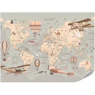 Muralo Fototapete für Kinderzimmer Retro Weltkarte Balony Flugzeuge 100x70 , Orange, Braun, Beige , Papier , Land-/Weltkarte , Rechteckig , 100x70 cm ,