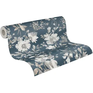 A.S. Création Livingwalls Vliestapete mit Blüten-Design in Blau, Metallic, Weiß, Grau, Romantische Blumentapete 10,05 m x 0,53 m by COSMOPOLITAN - 790615