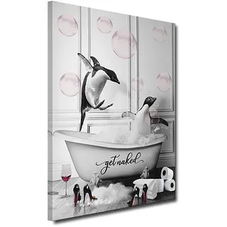 ZHONGYUTONG Badezimmer Wandbilder-Pinguine in der Badewanne mit Rosa Blasen lustige Tiere Bild Wanddekoration Gerahmt Schwarz Weiß Leinwandbilder Gemälde für Badezimmer (30x45cm)