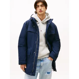 Parka TOMMY JEANS "TJM CITY READY", Herren, Gr. M, schwarz night navy, Web, Obermaterial: 100% Polyamid. Futter: 100% Polyester. Füllung: 100% Polyester, regular fit normal, gerader Abschluss mit Klettverschluss, Jacken Parka, wasserabweisend, relaxed fit, mit fester Kapuze, Winterjacke