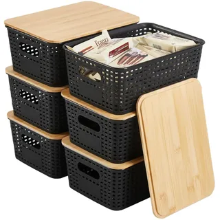 Sagittar 6er-Set Aufbewahrungsbox mit Bambus Deckel, Imitierter Rattan Kunststoff Aufbewahrungskorb, Stapelbare Aufbewahrungsboxen, Organizer Ideal für Büro, Kleiderschrank (Schwarz)