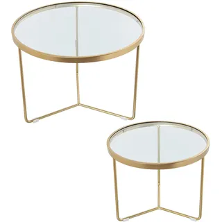DRW Set mit 2 runden Tischen aus Metall und Glas in Gold und Transparent, 60 x 45 und 45 x 38 cm, 60x45 y 45x38cm