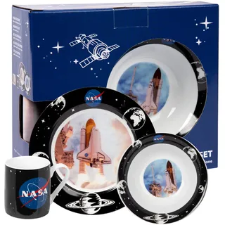 United Labels NASA 3-teiliges Geschirrset, Schwarz Blau, Frühstücksset aus Porzellan mit Teller Ø 19 cm, Tasse 220 ml und Schale 330 ml, Geschirr Set