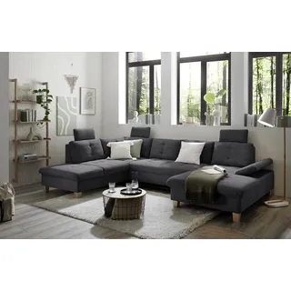 Wohnlandschaft Ascot mit Cord-Bezug und Schlaffunktion in Anthrazit, U-Form inkl. Kopfstützen, Bettkasten und Verstellbarer Armlehne - 324 x 107 x 218 cm (B/H/T)