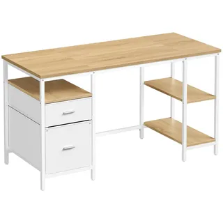 VASAGLE Computertisch, Bürotisch, Schreibtisch, mit 3 Ablagen, 2 Schubladen, 140 x 60 x 76 cm, fürs Büro, Wohnzimmer, moderner Stil, natureichenfarben-perlweiß LWD104Y01