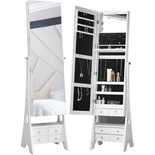 CARME Nikita - Weißer stehender Ganzkörperspiegel-Schmuckschrank mit internen LED-Leuchten 6 Schubladen