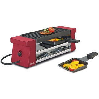 Spring Raclette 2 Personen COMPACT, rot, Tischgrill elektrisch, Antihaftbeschichtete Alu-Grillplatte, 2 Raclette Pfännchen & Spatel, Abstellebene, 34,5×10,5×11,5 cm, 400W, Raclette Grill