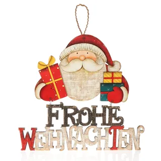 com-four® Hängedeko Weihnachten - Holz-Aufhänger Schriftzug mit Santa Claus - Türschild FROHE WEIHNACHTEN aus Holz - Hänger für Türen, Wände, Fenster (Santa mit Geschenken bunt)