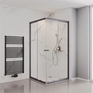 Schulte Duschkabine Sunny Eckeinstieg mit Schiebetüren, variabel von 75 - 90 cm, 180 cm, Montage auf Duschwanne oder Fliese, Profilfarbe Gunmetal, 4 mm Sicherheitsglas (ESG) Klar hell - Grau