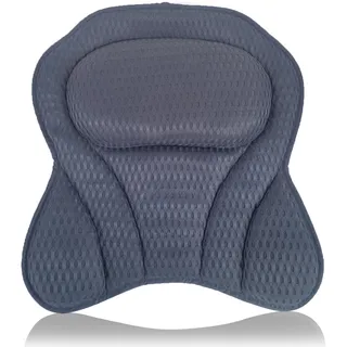 Badewannenkissen mit 6 Saugnäpfen & Haken - Ergonomisches Nackenkissen mit Memory-Schaum & 4D Air Mesh, Schnelltrocknend, Für alle Badewannen (Grau)