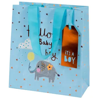 glick Luxus-Geschenktüte, Elefant, Baby-Junge, mittelgroße Geschenktüte, Feier-Geschenktüte, Geschenktüte für Neugeborene, Willkommens-Baby-Geschenktüte, Papiersalat, Baby-Jungen-Geschenktüte, 200 x