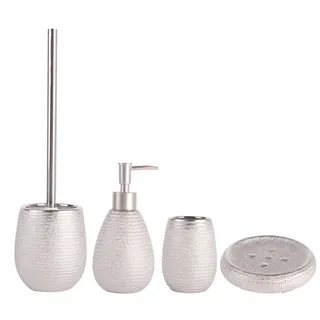 MSV Badezimmer Set, 4-teiliges Badzubehör aus Keramik Oman, Seifenspender, WC Bürste, Seifenschale und Zahnputzbecher Silber