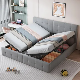 FAVSH Boxspringbett 180x200 cm, Polsterbett Hydraulisches Bett mit Bettkasten, Doppelbett mit Höhenverstellbarem Kopfteil, für Jugendliche/Kind, Samtstoff, Ohne Matratze (Grau)