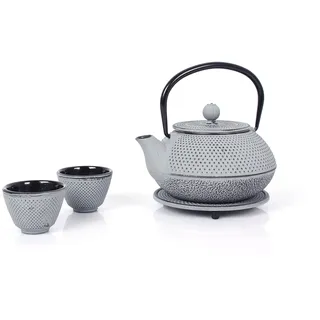 Echtwerk Teeservice aus Gusseisen, Teekanne 0,8 L mit abnehmbarem Sieb, Teebereiter mit Untersetzer, Teekannen-Set im Vintage-Design für Zubereitung von losem Tee, Grau