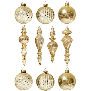 DN DECONATION Christbaumkugeln Set 10-teilig, Glaskugeln mit Mercury-Optik | mit Vintage Mercury-Optik in Champagner Gold, Weihnachtsbaumschmuck für Tannenbaum-Deko, Hochzeit & Fest (Tropfen & Kugeln)