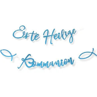 LowCarbonLife Erstkommunion Girlande „Erste heilige Kommunion mit Fisch-Motiven – Glitzer Hängedeko Banner Blau 1,7 m – Kommunionsdeko Erstkommunion Deko für Jungen & Mädchen (Blau B)