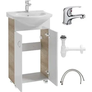 Domodomo Badezimmerschrank mit Waschbecken, 80 x 50 x 26 cm weißer Waschbeckenschrank, Keramik Waschbecken Set, Standschrank für kleines Bad - Weiß