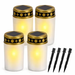 BYZESTY LED Grabkerze, 4 Stück Solar LED Grablicht, Grableuchten, Kerzen Outdoor, Solarbetrieben mit Lichtsensor, Stabilisierungsbügel mit Erdspieß, Lange Lebensdauer, Weiß, 7 x 12 cm