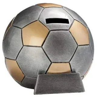 Fußball Pokal Spardose mit Gravur - 13 cm Trophäe Award Silber & Gold | Personalisierbares Geschenk für Fußballfans, robuste Resin Trophäe mit Wunschtext, ideal für Jubiläum oder Siegerehrung