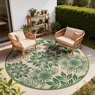 TUKDAK Outdoor Teppich Rund Schwarz 180 cm, Boho Wetterfest Wendbarer Outdoorteppich, Kunststoff Terrassenteppich, UV-beständige Teppich für Garten RV Camping Deck Balkon Patio Strand Picknick Grün