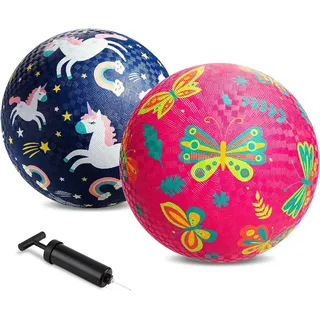 U&C Planet 2 Stück Spielplatz Bälle 21cm Kickballs Set Dodge Ball mit Pumpe Gaga Ball Handball Soft Boucy Bälle Spielball für Kinder 1-8, Spiel Camps Schule Garten,Indigo&Rosa
