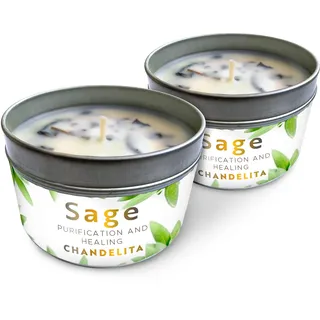 Chandelita Duftkerze aus Reinem Salbei mit Salbeiblättern – Für Segen, Hausenergie & Spirituelle Reinigung – Duftkerzen aus Sojawachs – Vegane Kerze – Aromatherapie Candle – Chakra-Heilung (2 Stk.)