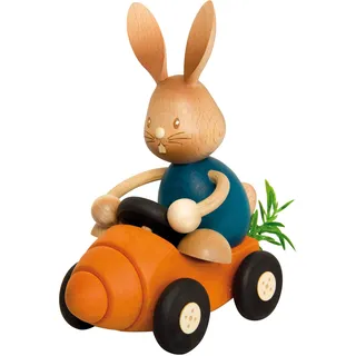 Kuhnert Drechslerei Osterdekoration/Osterhase „Stupsi Hase im Möhrenflitzer 11 cm hoch, aus feinstem Holz, für EIN Bezauberndes Osterfest oder eine dauerhafte Dekoration, Holzkunst Made in Germany