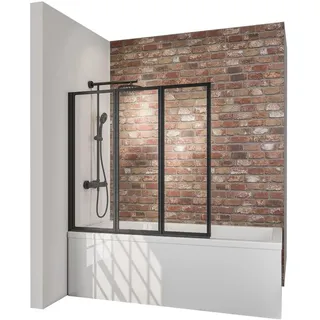 Schulte Badewannenaufsatz 3 teilig, 127 x 121 cm, 3-teilig faltbar, Klebemontage, 3 mm Sicherheitsglas Klar hell, Profilfarbe: Schwarz-Matt - Schwarz