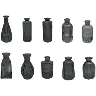 Relaxdays Vasen, 10er Set, strukturiert, Vintage-Design, Glas, H: 10–14,7 cm, kleine Dekovasen für Tischdeko, grau