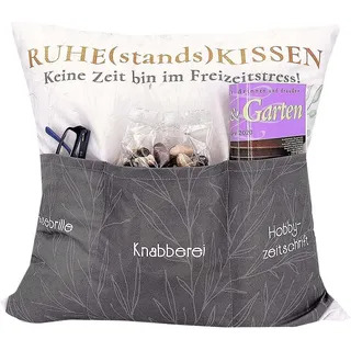 KAMACA Originelles Dekokissen Kissen mit 3 Taschen zum selbst Befüllen und Spruch Größe 43x43 cm tolles Geschenk für Anlässe wie Rente Ruhestand (Ruhestandskissen A)