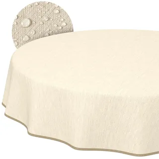 Tischdecke abwaschbar Wachstuch Wachstuchtischdecke Gartentischdecke Leinen-Optik Pflegeleicht Wasserabweisend 140cm (Rund) Creme mit Saum