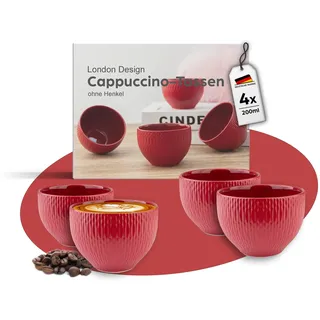 MELOX - 4er Set Cappuccino-Tassen Porzellan Rot - 4 x 200ml Tassen für Kaffee, Cappuccino & Macchiato - Kaffee-Becher dickwandig ohne Henkel - Kaffeetassen Coffee Cups im modernen Design