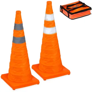 Relaxdays Pylonen, 2er Set, faltbar, Reflektor-Streifen, Leitkegel mit Tasche, HxBxT: 70 x 29 x 29 cm, Faltkegel, orange