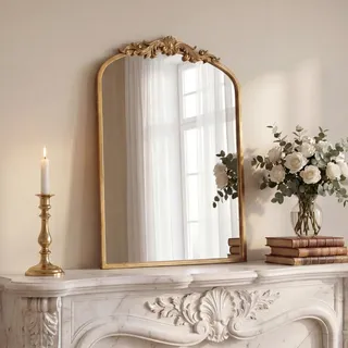 PERFNIQUE Gold Vintage Spiegel, 76 x 48 cm gewölbter antiker Barockspiegel für Wand, Messing Traditionelle kunstvolle Wanddekoration für Badezimmer Wohnzimmer Kamin Eingang Flur (76 x 48 cm)