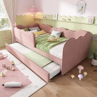 Flieks Polsterbett 90x190cm mit Ausziehbett, Kinderbett Jugendbett Schlafsofa mit Rausfallschutz, Tagesbett Daybed Samt, Rosa - Rosa