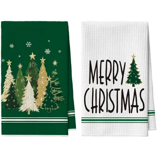 Artoid Mode Grün Kiefern Sterne Schneeflocken Weihnachten Küchentücher Geschirrtücher, 42x65 cm Merry Xmas Mikrofaser Saugfähig Küchen Deko 2er Set