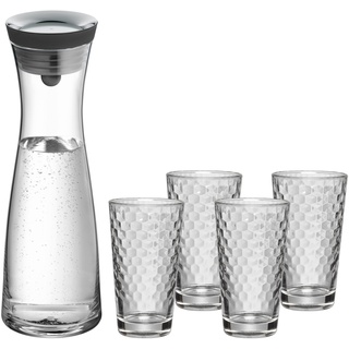 WMF Basic Wasserkaraffe-Set 5-teilig, Karaffe 1l mit 4 Wassergläser 275ml, Glaskaraffe mit Deckel, Silikondeckel, CloseUp-Verschluss