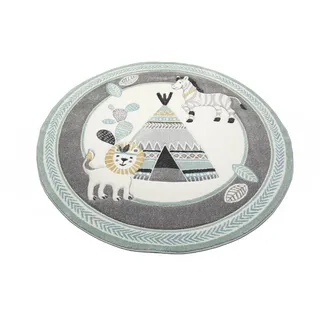 Teppich-Traum Kinderzimmer Teppich Kinderteppich Indianer Zelt Löwe Zebra Kaktus grau Creme gelb Größe 120 cm rund