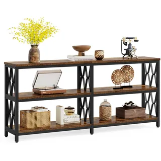 LITTLE TREE Konsolentisch mit Ablage, 180 cm Industrial Sofatisch 3-stufig, Langes Hoftischchen für Wohnzimmer & Flur, Rustikales Braun & Schwarz, Stabiles Metallgestell