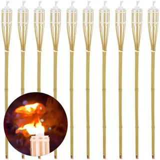Relaxdays Gartenfackel 10er Set, Feuerfackel aus Bambus, Natur | HxD: 90 x 6 cm, nachfüllbare Ölfackel, mit Ersatzdocht