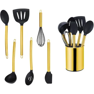 ECHTWERK Küchenuntensilien,7-teiliges Küchenhelfer-Set,Küchenzubehör,Kochbesteck mit Edelstahlgriff,Kochset Utensilienhalter,Kochzubehör,Antihaft Silikon Haushaltshelfer,Gold-Edition,EW-KS-7020G