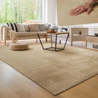 Paco Home Teppich Wohnzimmer Kurzflor weich, rutschfest Modern Einfarbiges Muster beige Grösse:140x200 cm