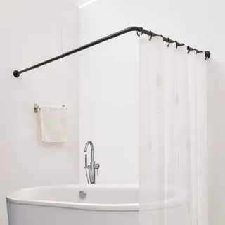 Crkmire Duschvorhangstange L Form Duschstange 171x88 cm Eckduschstange aus Stahl, Schwarz Matt mit Deckenstütze & 12 Haken (Montageset inklusive)