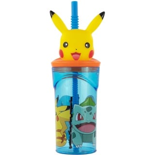 p:os 35013 - Pokémon Trinkbecher für Kinder mit integriertem Strohhalm, Deckel und 3D Figur, Trinkgefäß mit ca. 360 ml Fassungsvermögen, ideal für kalte Getränke