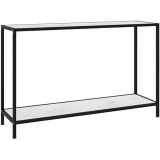 Konsolentisch aus Glas, 120 cm, 2-stöckig, schmaler Sofa-Beistelltisch mit Metallrahmen, schmaler Flurtisch für Wohnzimmer, Schlafzimmer, Büro, gehärtetes Glas & Stahl – Marmor-Effekt + Weiß