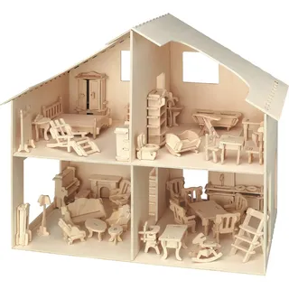 Holzbau Puppenhaus + Möbel 40x37cm